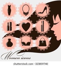 Women icons - 9 round pretty women icons with lace - eps10 vector illustration