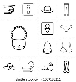 Women icons. set of 13 editable outline women icons such as straight hair, woman hat, male wc, bag, woman pants, swimsuit, curly hair, female underwear