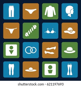 Women icons set. set of 16 women filled icons such as man WC, hair curler, woman hat, Male WC, shoe, female underwear, bra, sweater, woman pants, rings