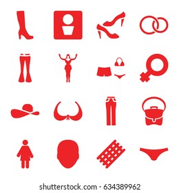 Women icons set. set of 16 women filled icons such as man wc, face, hair curler, bra, woman boot, shoe, female underwear, bag, woman pants, rings, swimsuit
