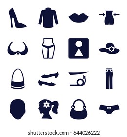 Women icons set. set of 16 women filled icons such as face, straight hair, lips, woman face with flower in hair, bra, woman shoe, slim, female wc, shoe, female underwear