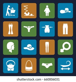 Women icons set. set of 16 women filled icons such as curly hair, woman hat, slim, sandals, female underwear, bag, woman pants, panties with heart, face