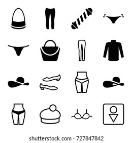 Women icons set. set of 16 women filled and outline icons such as hair curler, panties with heart, woman bag, female underwear, sweater, bag, woman pants, woman hat, sun hat