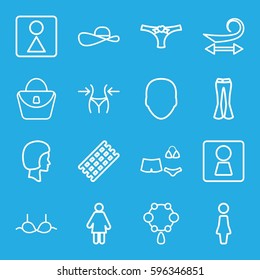 women icons set. Set of 16 women outline icons such as woman WC, face, woman, hair curler, curly hair, necklace, slim, female WC, bra, panties with heart, swimsuit