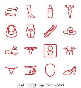 Women icons set. set of 16 women outline icons such as man wc, face, hair curler, straight hair, lipstick, woman boot, woman hat, slim, shoe, female underwear, bag
