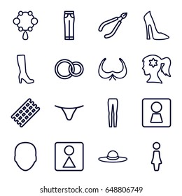 Women icons set. set of 16 women outline icons such as woman wc, face, woman, hair curler, necklace, bra, female wc, female underwear