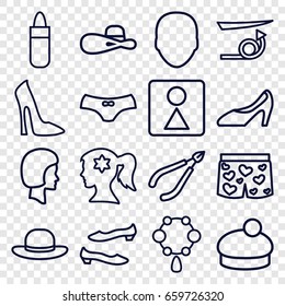 Women icons set. set of 16 women outline icons such as face, straight hair, lipstick, woman face with flower in hair, woman in spa, necklace, female wc, shoe, female underwear