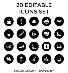 Women icons. set of 20 editable filled women icons such as hair curler, sandals, female underwear, bag, woman hat. best quality women elements in trendy style.