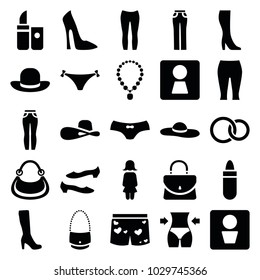Women icons. set of 25 editable filled women icons such as man wc, woman wc, lipstick, woman boot, shoe, female underwear, underwear with heart, panties with heart, necklace