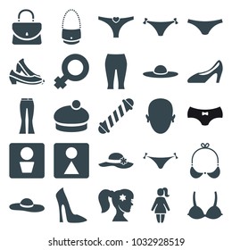 Women icons. set of 25 editable filled women icons such as man wc, hair curler, panties with heart, woman shoe, female wc, female underwear, woman hat, face, bra, shoe