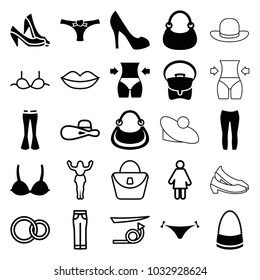 Women icons. set of 25 editable filled and outline women icons such as panties with heart, bag, woman pants, straight hair, lips, woman bag, bra, rings, slim