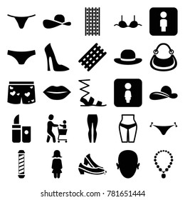 Women icons. set of 25 editable filled women icons such as hair curler, panties with heart, woman shoe, sandals, female underwear, bra, woman hat, waist fitness