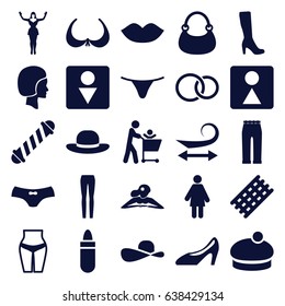 Women icons set. set of 25 women filled icons such as hair curler, curly hair, lipstick, lips, woman in spa, bra, woman boot, male wc, female wc, female underwear, bag, rings