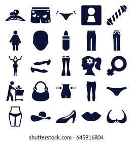Women icons set. set of 25 women filled icons such as woman wc, face, hair curler, panties with heart, lipstick, lips, woman face with flower in hair, bra, slim, shoe