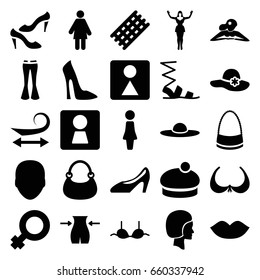 Women icons set. set of 25 women filled icons such as woman wc, face, woman, hair curler, curly hair, lips, bra, slim, female wc, sandals, shoe