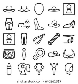 Women icons set. set of 25 women outline icons such as man wc, woman wc, face, woman, hair curler, straight hair, lipstick, necklace, bra, underwear with heart, swimsuit