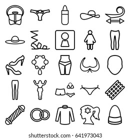 Women icons set. set of 25 women outline icons such as woman wc, face, hair curler, curly hair, panties with heart, lipstick, woman face with flower in hair, necklace, bra