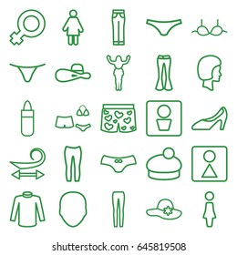 Women icons set. set of 25 women outline icons such as man wc, face, woman, curly hair, lipstick, woman hat, female wc, female underwear, bra, sweater, underwear with heart
