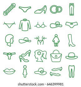 Women icons set. set of 25 women outline icons such as woman, hair curler, panties with heart, lips, woman face with flower in hair, slim, shoe, female underwear, bra, sweater