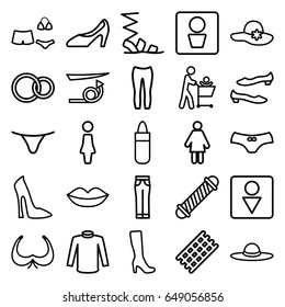 Women icons set. set of 25 women outline icons such as man wc, woman, hair curler, straight hair, lipstick, lips, bra, woman boot, male wc, sandals, shoe, female underwear