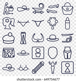 Women icons set. set of 25 women outline icons such as man wc, face, hair curler, curly hair, panties with heart, lipstick, necklace, woman bag, bra, female wc, shoe