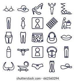 Women icons set. set of 25 women outline icons such as woman wc, woman, hair curler, curly hair, lipstick, lips, bra, female wc, sandals, shoe, female underwear, bag