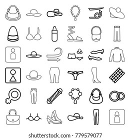 Women icons. set of 36 editable outline women icons such as hair curler, straight hair, lipstick, necklace, female wc, shoe, bra, bag, woman pants, woman hat, rings