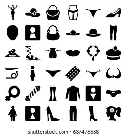 Women icons set. set of 36 women filled icons such as woman wc, face, woman, hair curler, straight hair, panties with heart, lips, necklace, bra, slim, male wc, female wc
