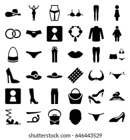 Women icons set. set of 36 women filled icons such as woman wc, face, woman, hair curler, straight hair, panties with heart, lips, necklace, bra, female wc, sandals, shoe
