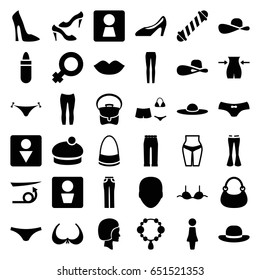Women icons set. set of 36 women filled icons such as man wc, woman wc, face, woman, hair curler, straight hair, panties with heart, lipstick, lips, necklace, bra, slim