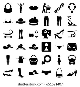 Women icons set. set of 36 women filled icons such as woman, hair curler, curly hair, panties with heart, lips, necklace, slim, female wc, sandals, shoe, female underwear, bra