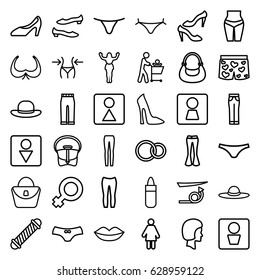 Women icons set. set of 36 women outline icons such as man WC, woman WC, hair curler, straight hair, panties with heart, lipstick, lips, woman bag, bra, slim, Male WC