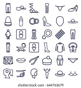 Women icons set. set of 36 women outline icons such as man wc, face, hair curler, curly hair, lipstick, lips, woman in spa, male wc, sandals, female underwear, bra, sweater