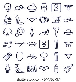 Women icons set. set of 36 women outline icons such as woman wc, face, woman, hair curler, straight hair, panties with heart, lipstick, lips, necklace, bra, slim, male wc