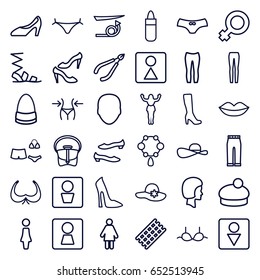 Women icons set. set of 36 women outline icons such as man wc, woman wc, face, woman, hair curler, straight hair, panties with heart, lipstick, lips, necklace, bra, slim