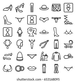 Women icons set. set of 36 women outline icons such as woman wc, curly hair, panties with heart, lips, woman face with flower in hair, necklace, bra, male wc, female wc