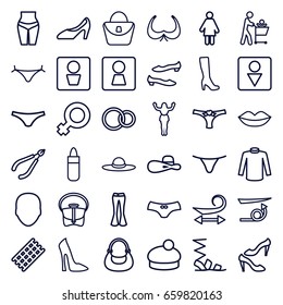 Women icons set. set of 36 women outline icons such as man wc, woman wc, face, hair curler, curly hair, straight hair, panties with heart, lipstick, lips, woman in spa, bra