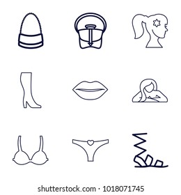 Women icons. set of 9 editable outline women icons such as sandals, bag, lips, woman face with flower in hair, woman in spa, woman boot, bra