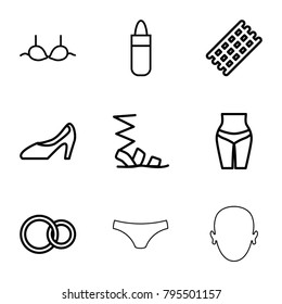 Women icons. set of 9 editable outline women icons such as hair curler, lipstick, sandals, bra, waist fitness, woman shoe, rings, face