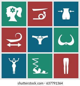 Women icons set. set of 9 women filled icons such as curly hair, straight hair, woman face with flower in hair, bra, slim, sandals, woman pants, panties with heart
