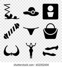 Women icons set. set of 9 women filled icons such as man wc, hair curler, woman bag, bra, woman hat, sandals, shoe, female underwear