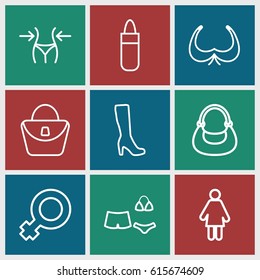 Women icons set. set of 9 women outline icons such as lipstick, woman bag, bra, woman boot, slim, bag