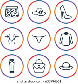Women icons set. set of 9 women outline icons such as woman bag, woman shoe, slim, female underwear, sweater
