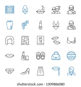 women icons set. Collection of women with businesswoman, lips, skirt, high heels, panties, venus, hand bag, sandals, lipstick, bra, kiss, toilet. Editable and scalable women icons.