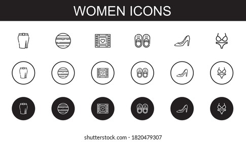 women icons set. Collection of women with skirt, venus, wedding video, sandals, high heels, bikini. Editable and scalable women icons.