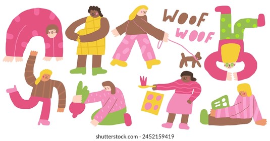 Women icons set. Cute hand drawn doodle isolated female lady. Dancing Girl, pregnant, cooking, working, planting, relaxing, walking with dog lady, doing yoga