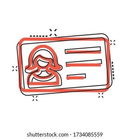Women id card icon in comic style. Identity tag cartoon vector illustration on white isolated background. Driver licence splash effect business concept.