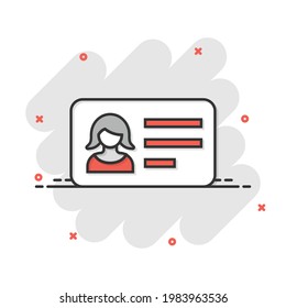 Women id card icon in comic style. Identity tag cartoon vector illustration on white isolated background. Driver licence splash effect business concept.