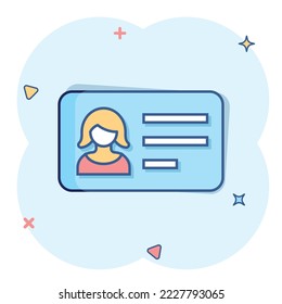 Women id card icon in comic style. Identity tag cartoon vector illustration on white isolated background. Driver licence splash effect business concept.