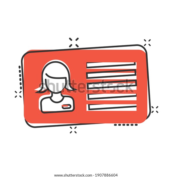 Women id card icon in comic\
style. Identity tag cartoon vector illustration on white isolated\
background. Driver licence splash effect business\
concept.